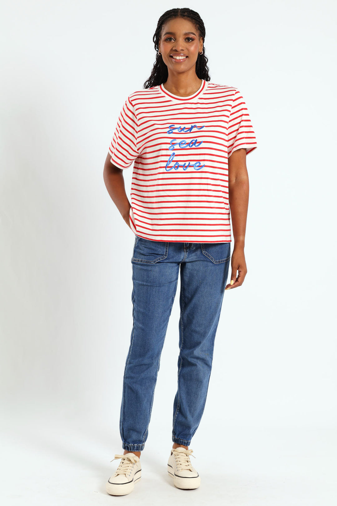 Sun Sea Love Embroidered Boxy Stripe Tee - White/Red