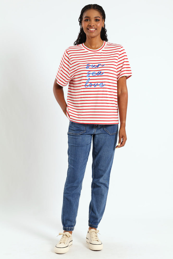 Sun Sea Love Embroidered Boxy Stripe Tee - White/Red