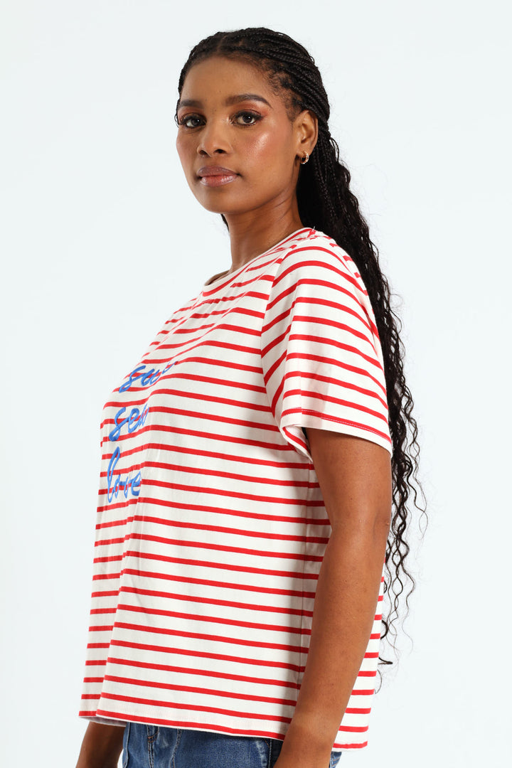 Sun Sea Love Embroidered Boxy Stripe Tee - White/Red