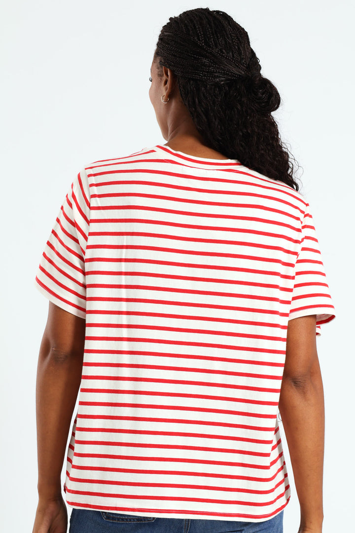 Sun Sea Love Embroidered Boxy Stripe Tee - White/Red