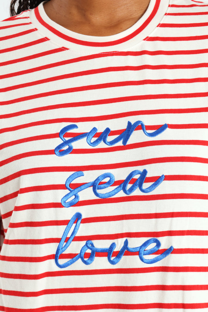Sun Sea Love Embroidered Boxy Stripe Tee - White/Red