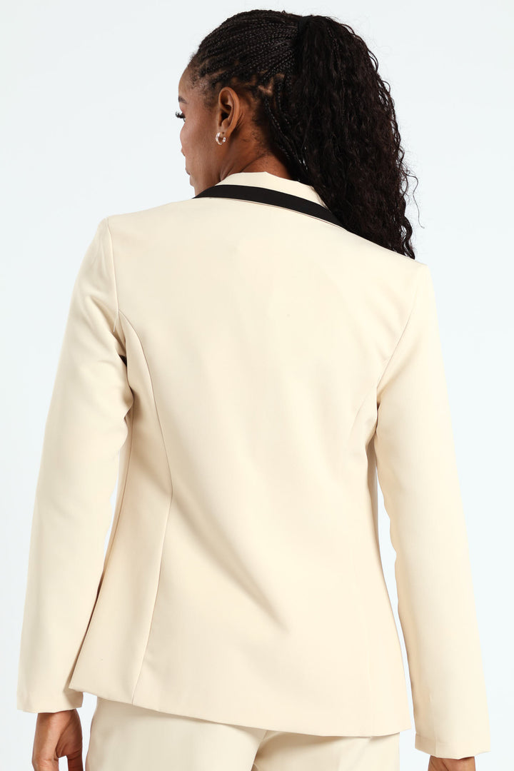 Contrast Tipped Double Breasted Blazer - Cream