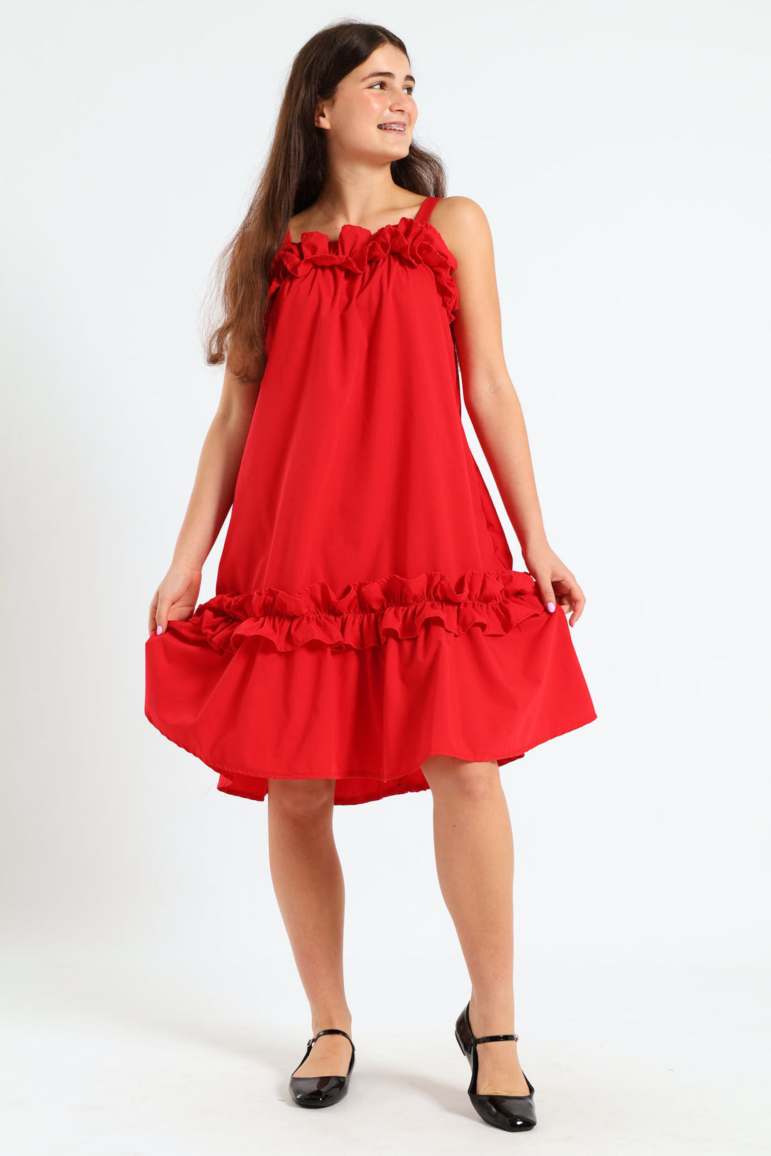 red frilly dress Bow Pinafore (Red) S quality fabric that drapes beautifully on the body Red frilly oh polly dress