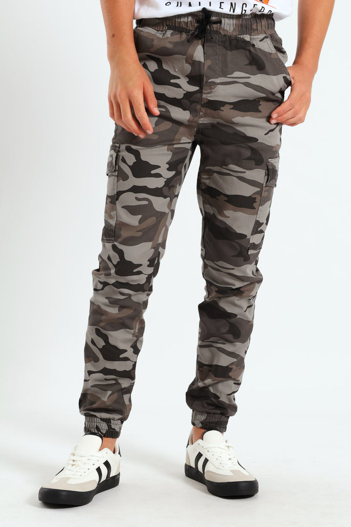 Boys Flat Pocket Camo Cargo Jogger - Grey