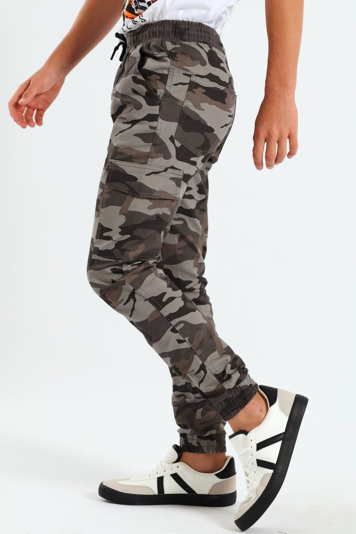 Boys Flat Pocket Camo Cargo Jogger - Grey