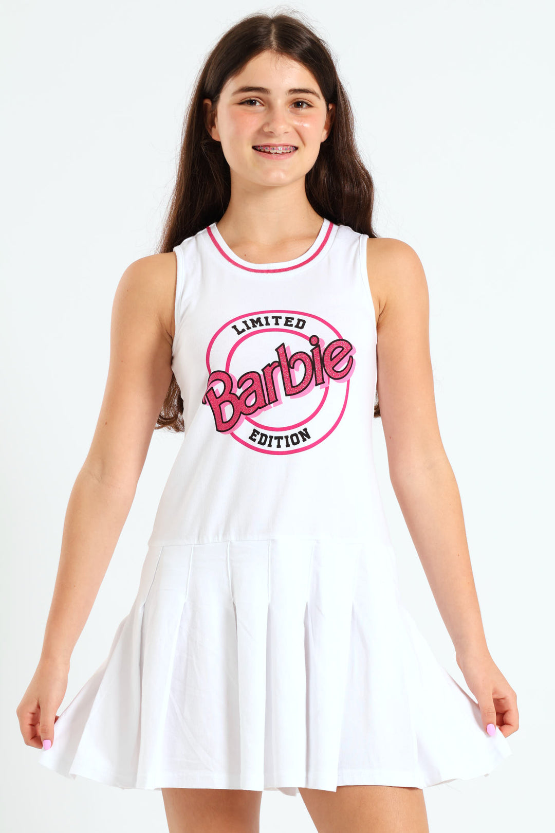 Girls Barbie Pleated Dress - White