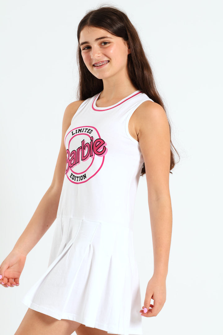 Girls Barbie Pleated Dress - White
