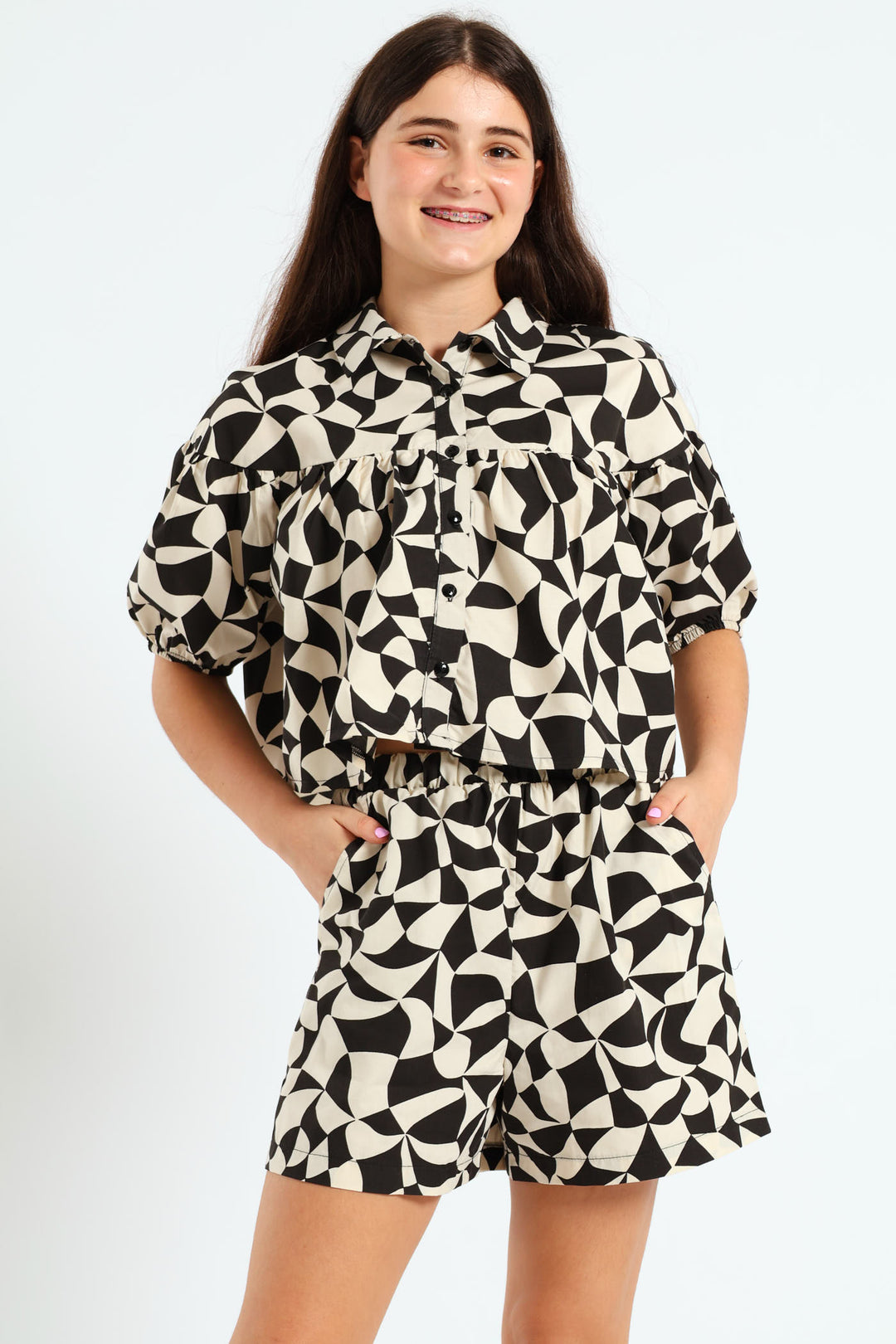 Girls Geo Print Shirt - Black/Cream
