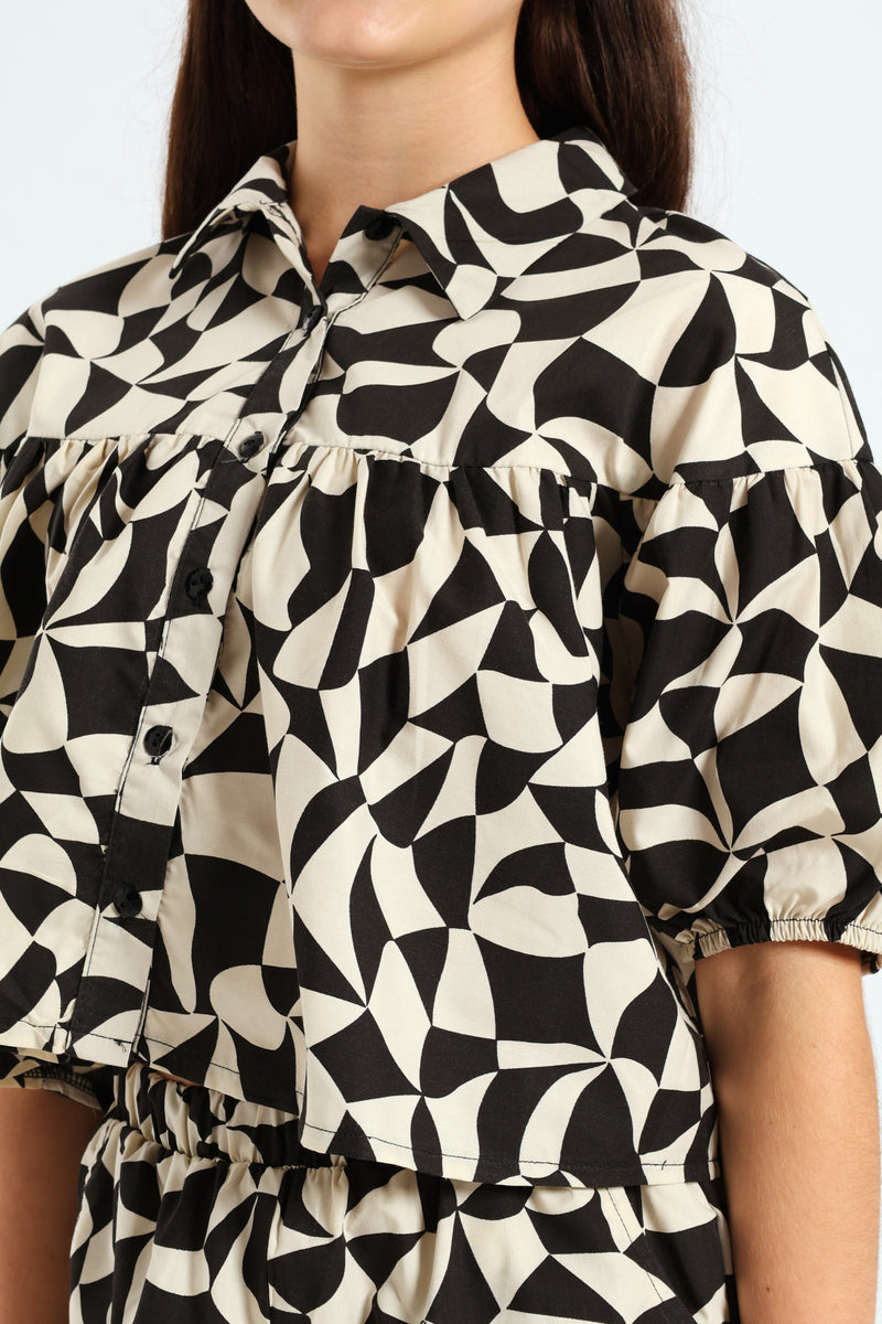 Girls Geo Print Shirt - Black/Cream