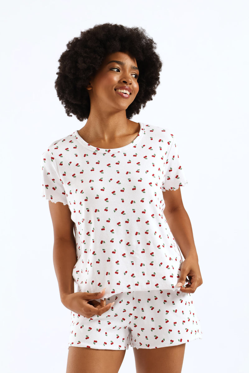 Cherry Rib Knit Short - White/Red