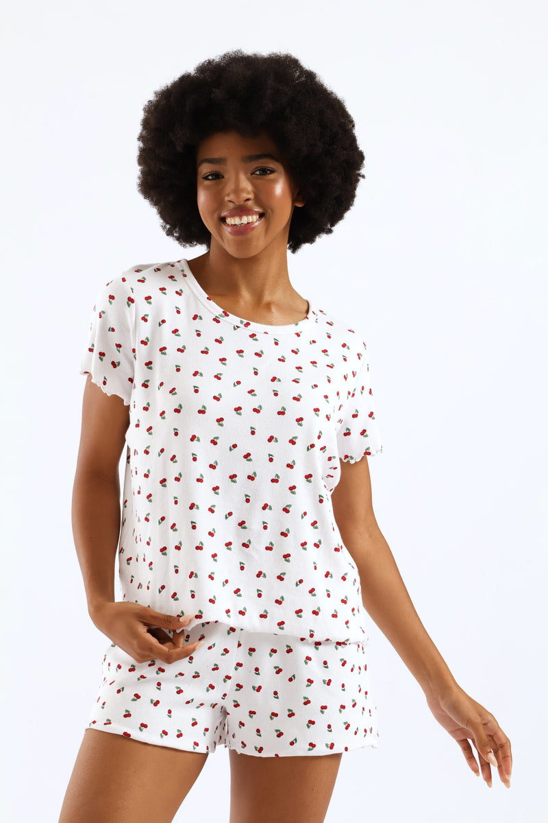 Cherry Rib Knit Tee - White/Red