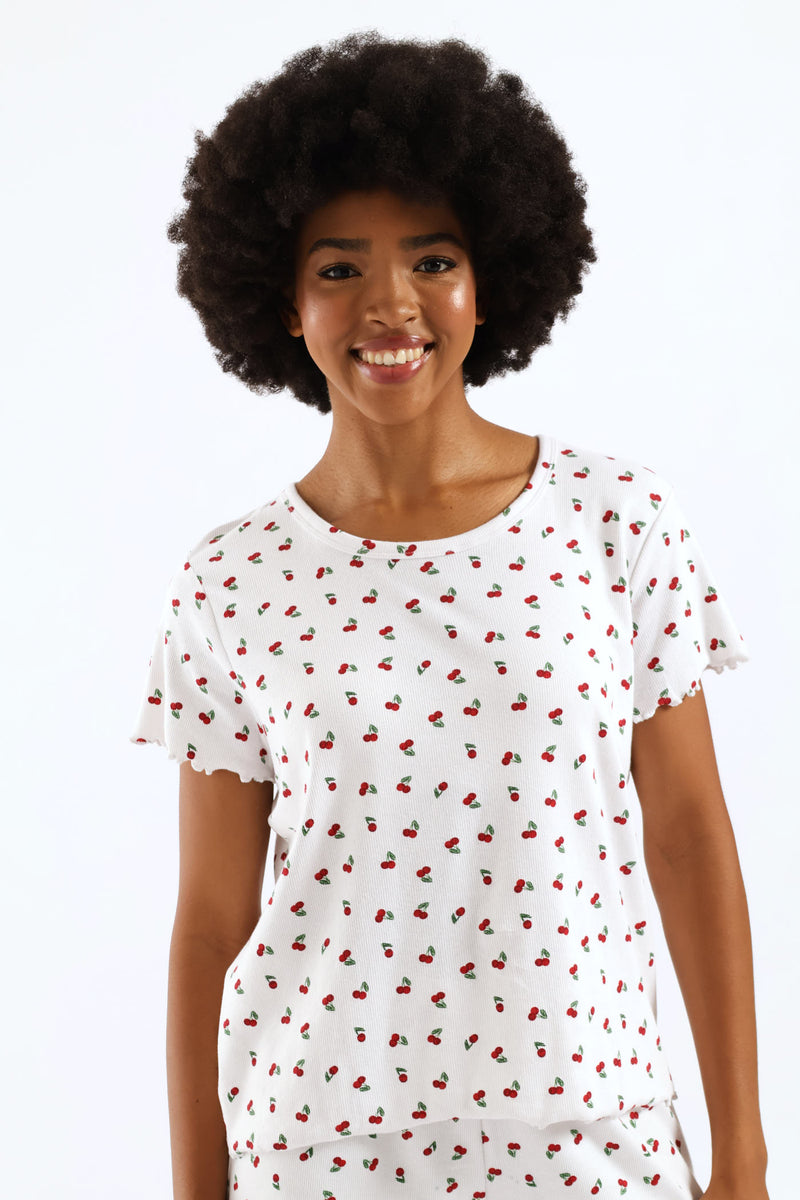 Cherry Rib Knit Tee - White/Red