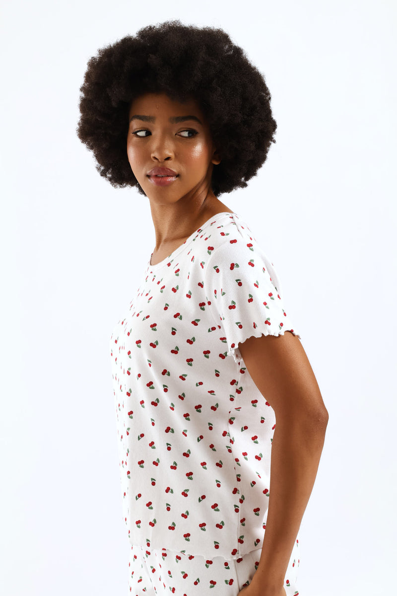 Cherry Rib Knit Tee - White/Red