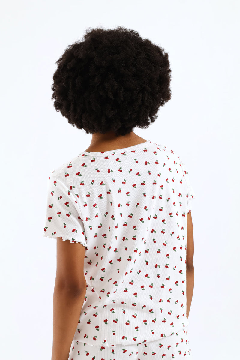 Cherry Rib Knit Tee - White/Red