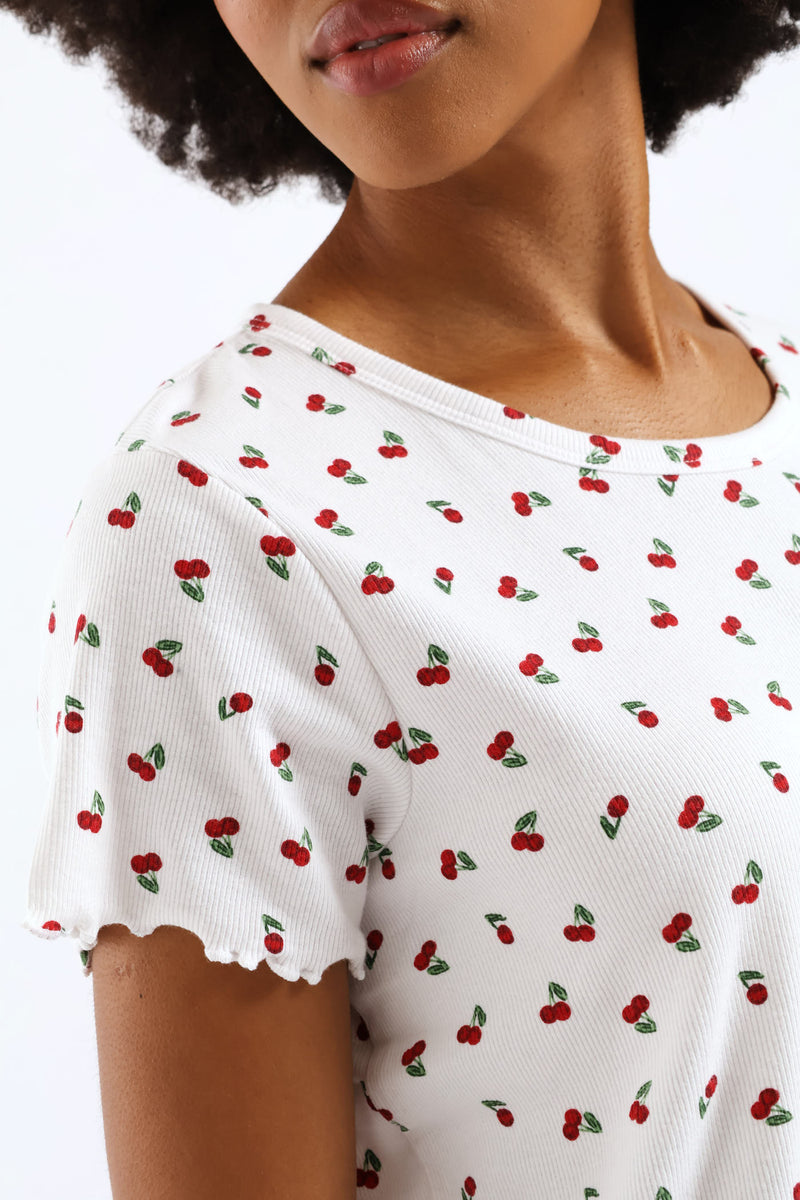 Cherry Rib Knit Tee - White/Red