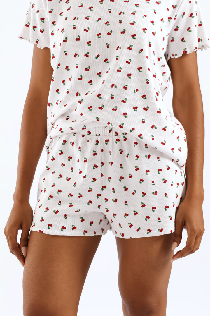 Cherry Rib Knit Short - White/Red
