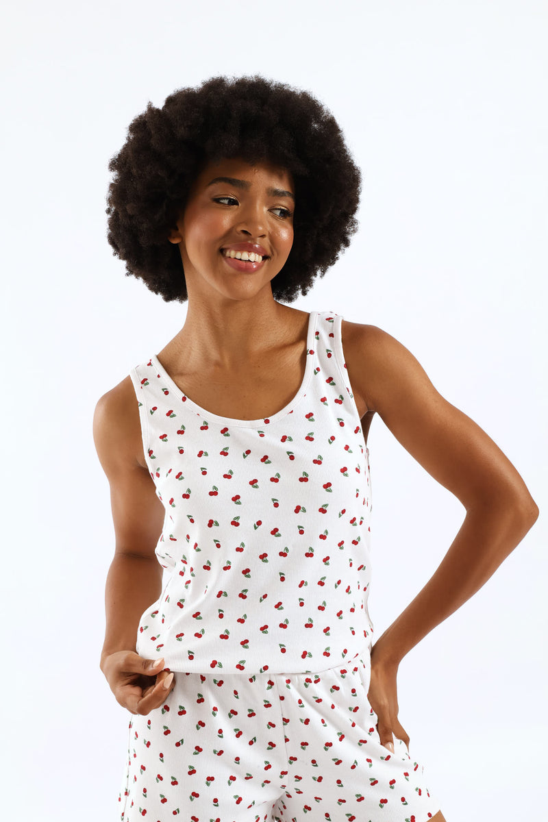 Cherry Rib Knit Tank Top - White/Red