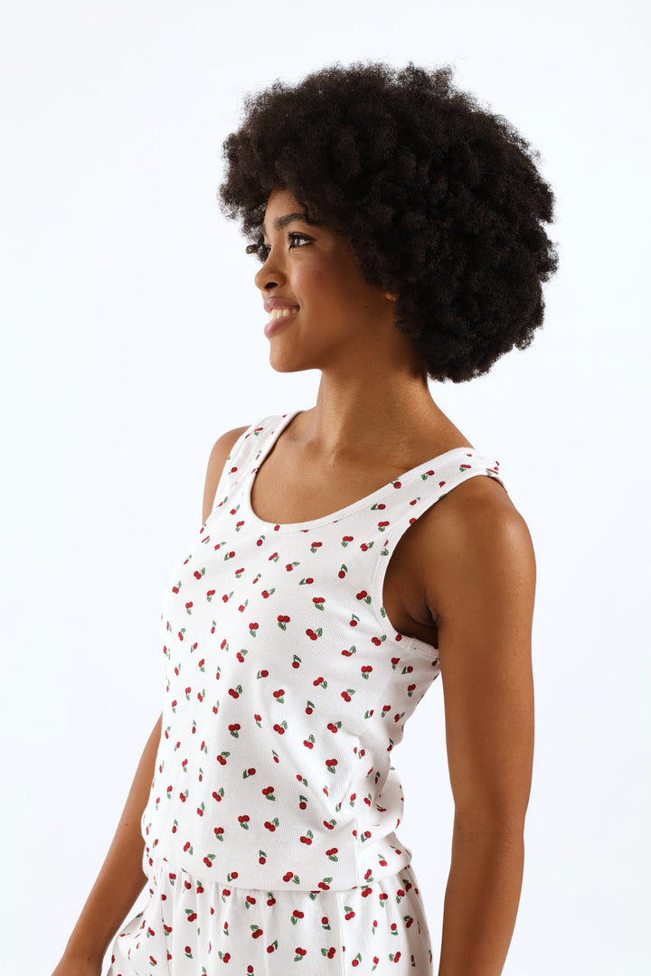Cherry Rib Knit Tank Top - White/Red