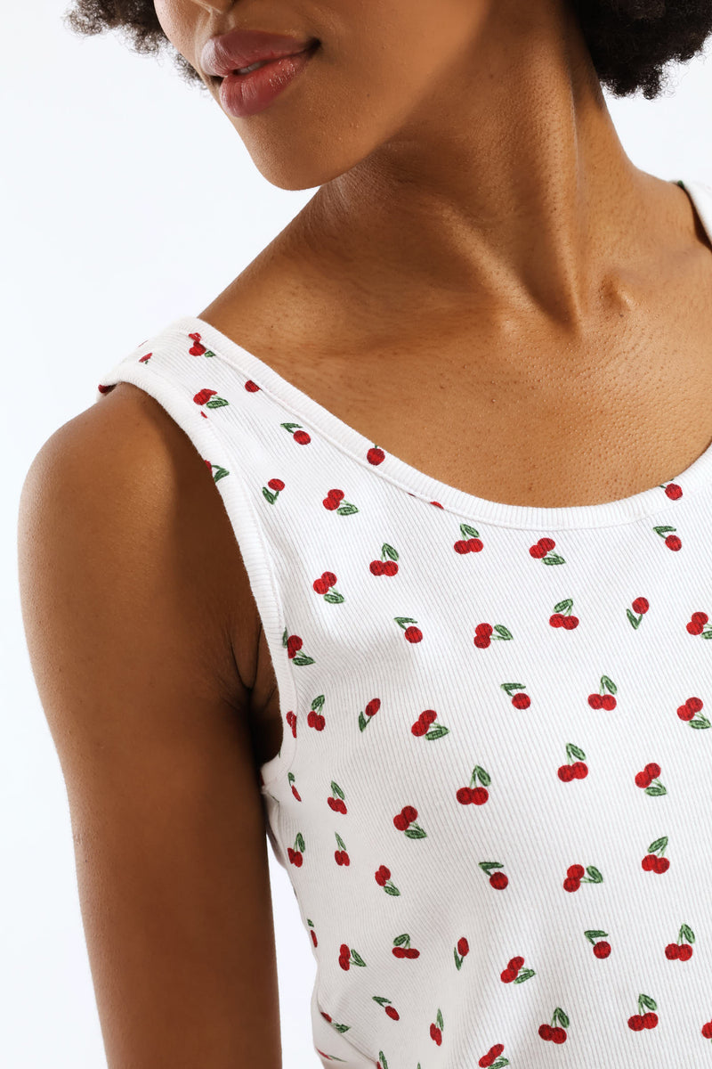 Cherry Rib Knit Tank Top - White/Red