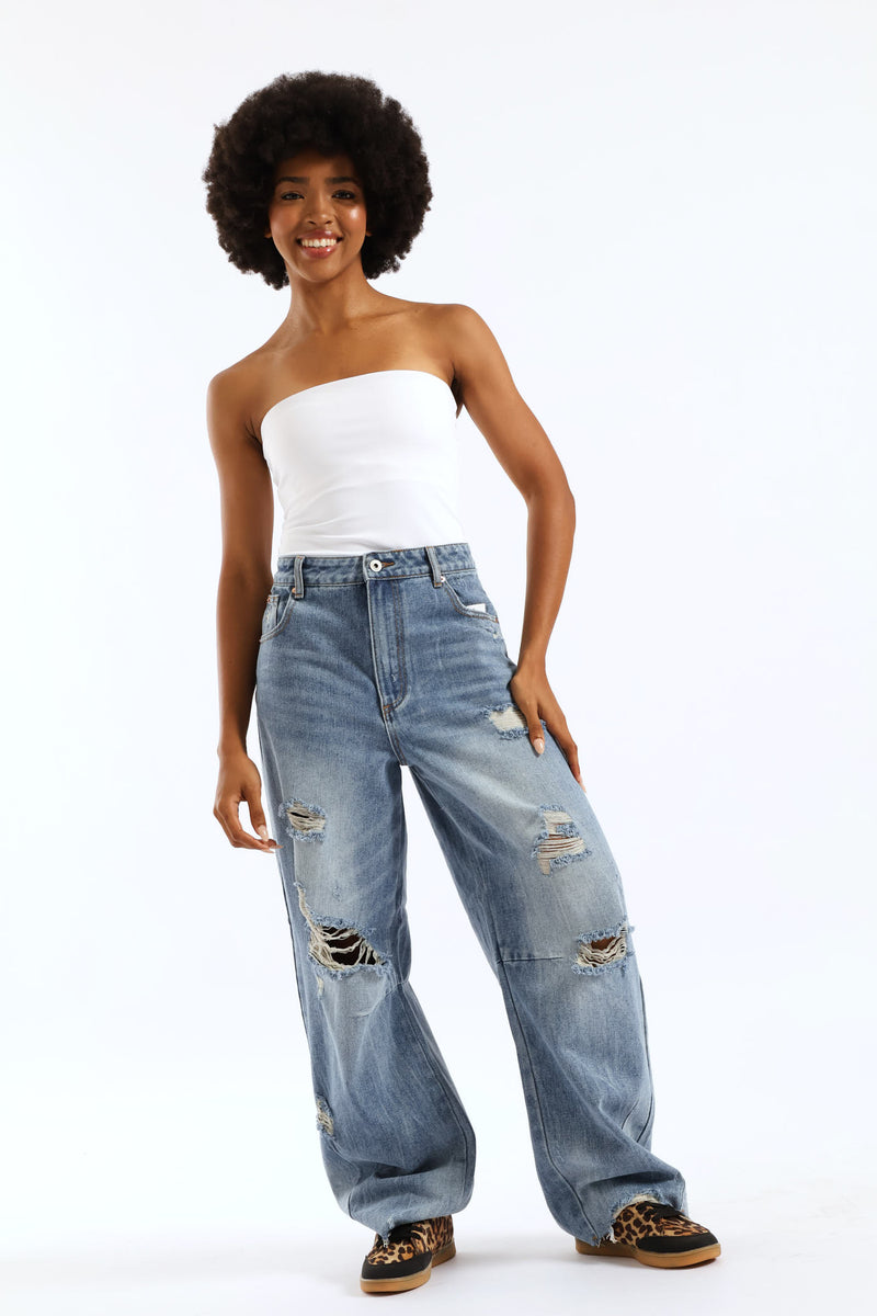 Ripped Barrel Jean - Salty Mid Wash