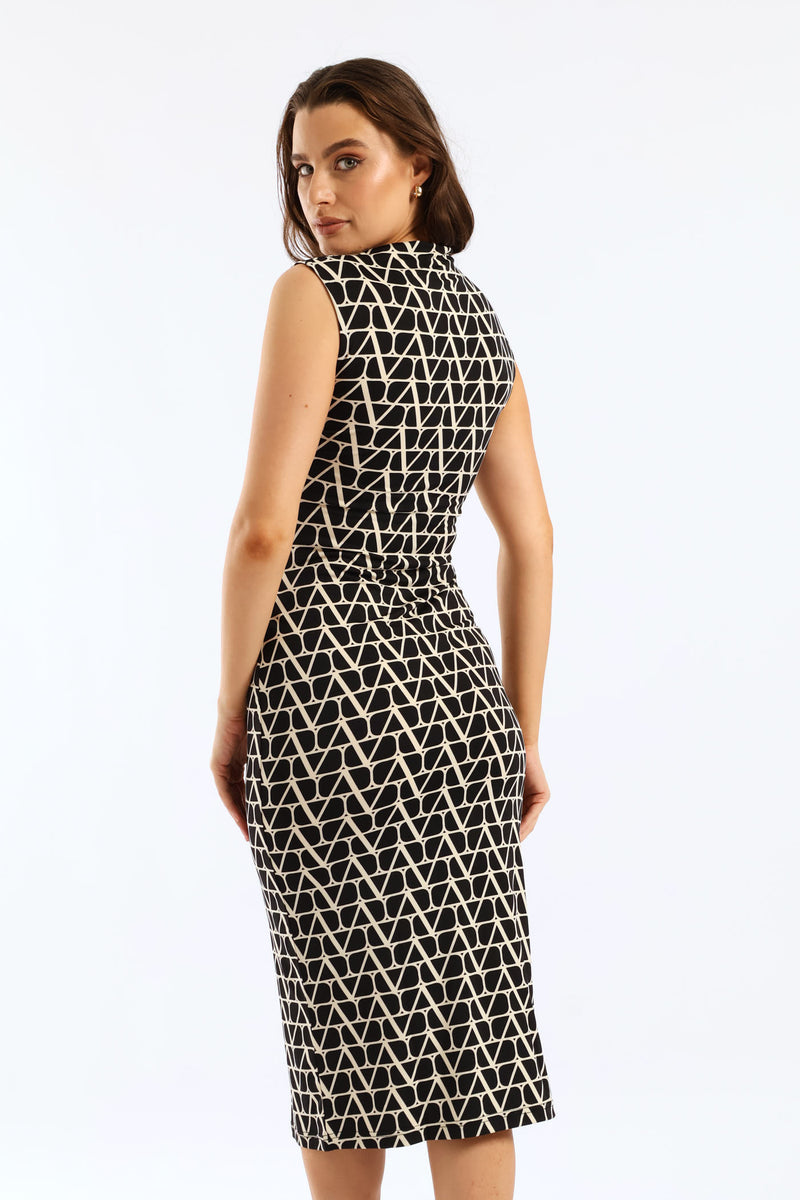 Hi-Neck Drape Detail Slinky Midi Dress - Black/Cream