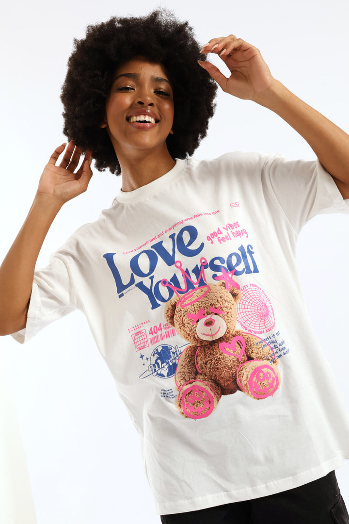 Oversized Love Yourself Teddy Tee - White