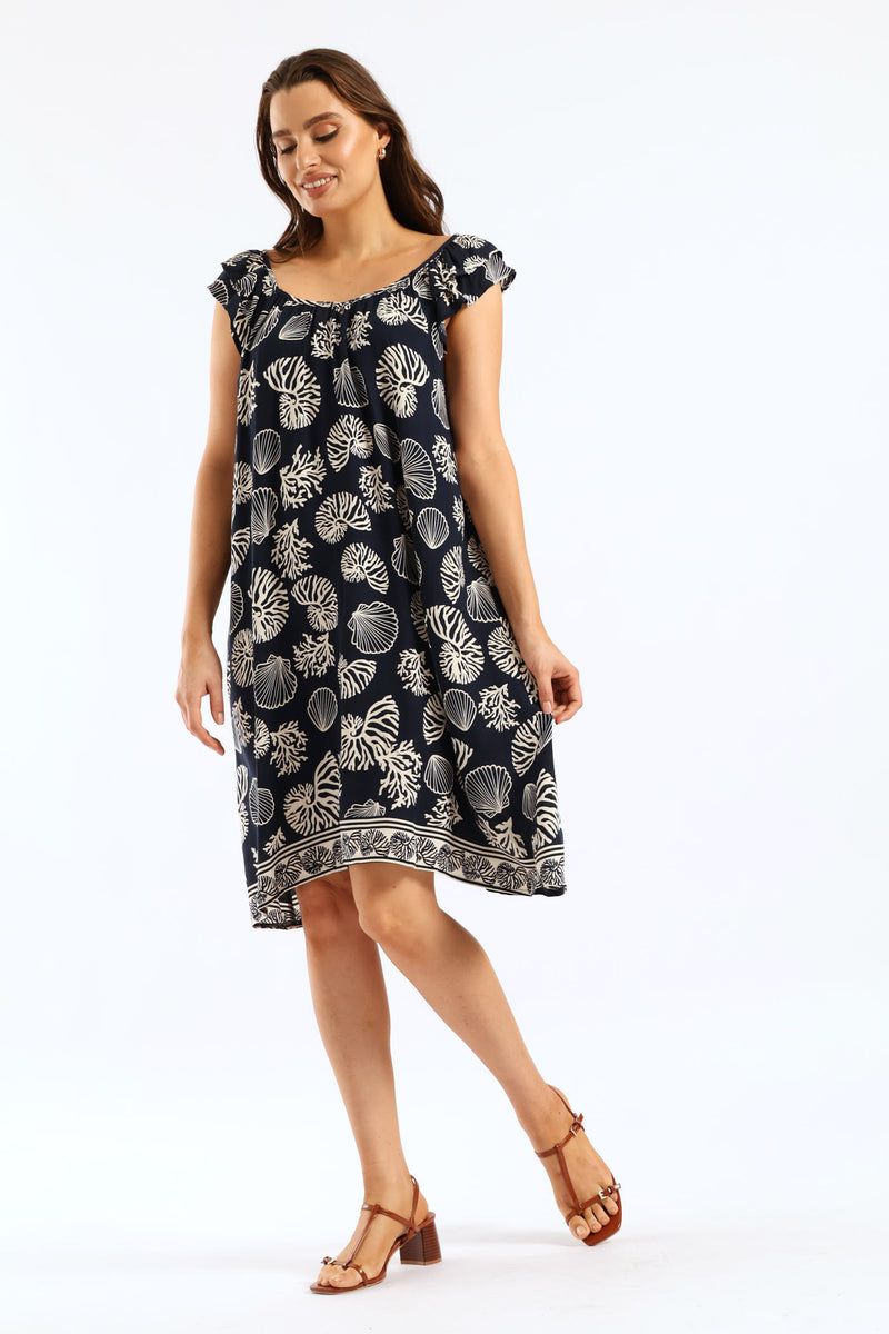 Double Frill Sleeve Babydoll Shift Mini Dress - Ink