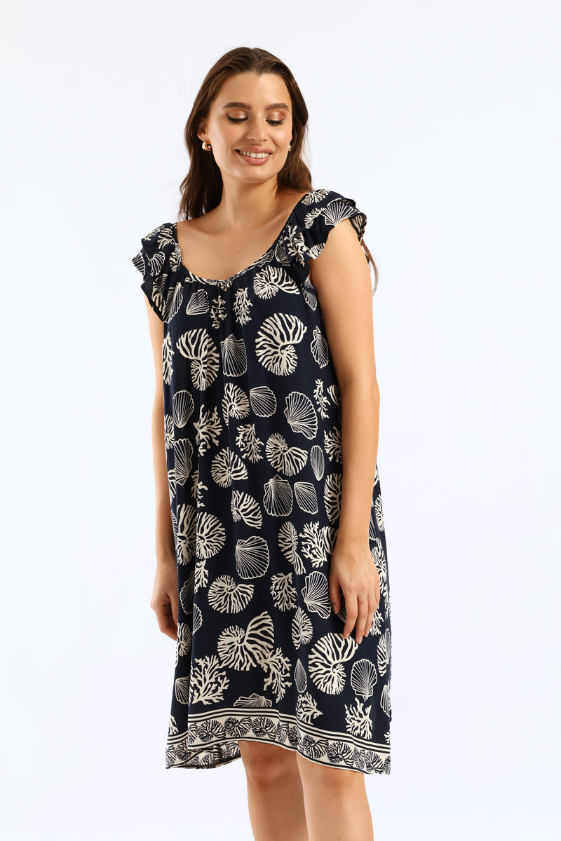 Double Frill Sleeve Babydoll Shift Mini Dress - Ink