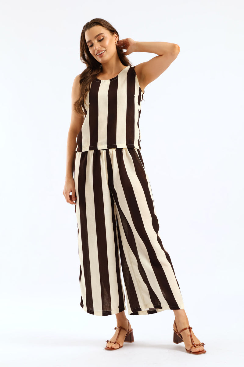 Elasticated Tie-Front Pull-On Bold Stripe Culotte Pant - Cream/Chocolate