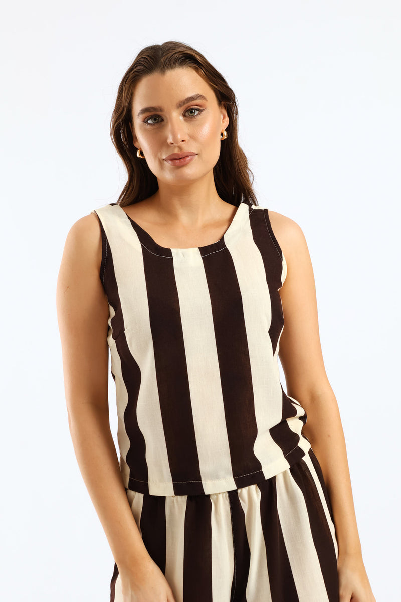 Bold Vertical Stripe Scoop Back Shell Tank - Cream/Chocolate