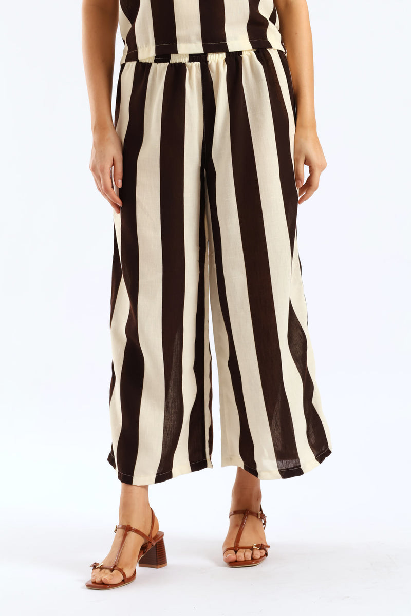 Elasticated Tie-Front Pull-On Bold Stripe Culotte Pant - Cream/Chocolate