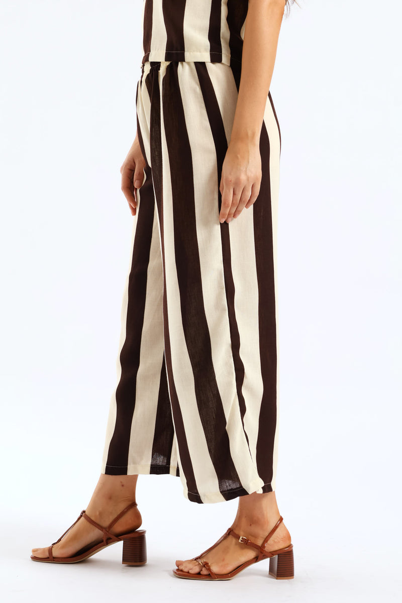 Elasticated Tie-Front Pull-On Bold Stripe Culotte Pant - Cream/Chocolate