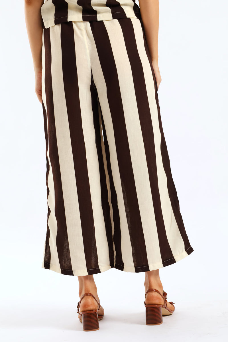 Elasticated Tie-Front Pull-On Bold Stripe Culotte Pant - Cream/Chocolate