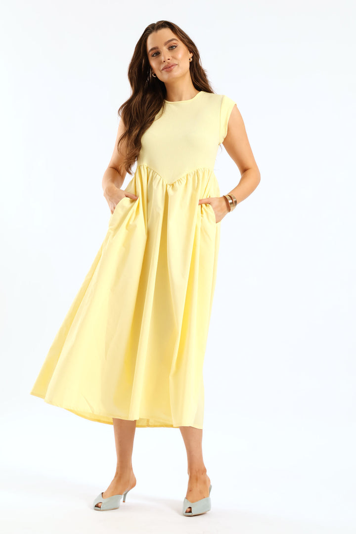 Cap Sleeve Rib Shaped Bodice Combo Midi Dress - Pastel Yellow