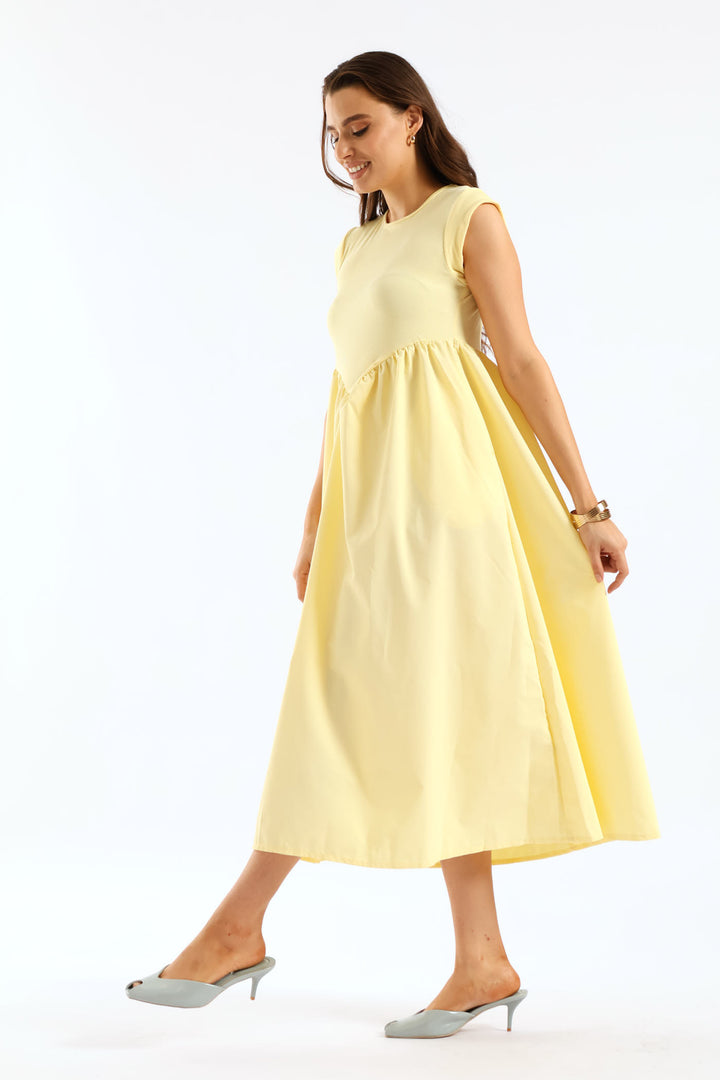 Cap Sleeve Rib Shaped Bodice Combo Midi Dress - Pastel Yellow