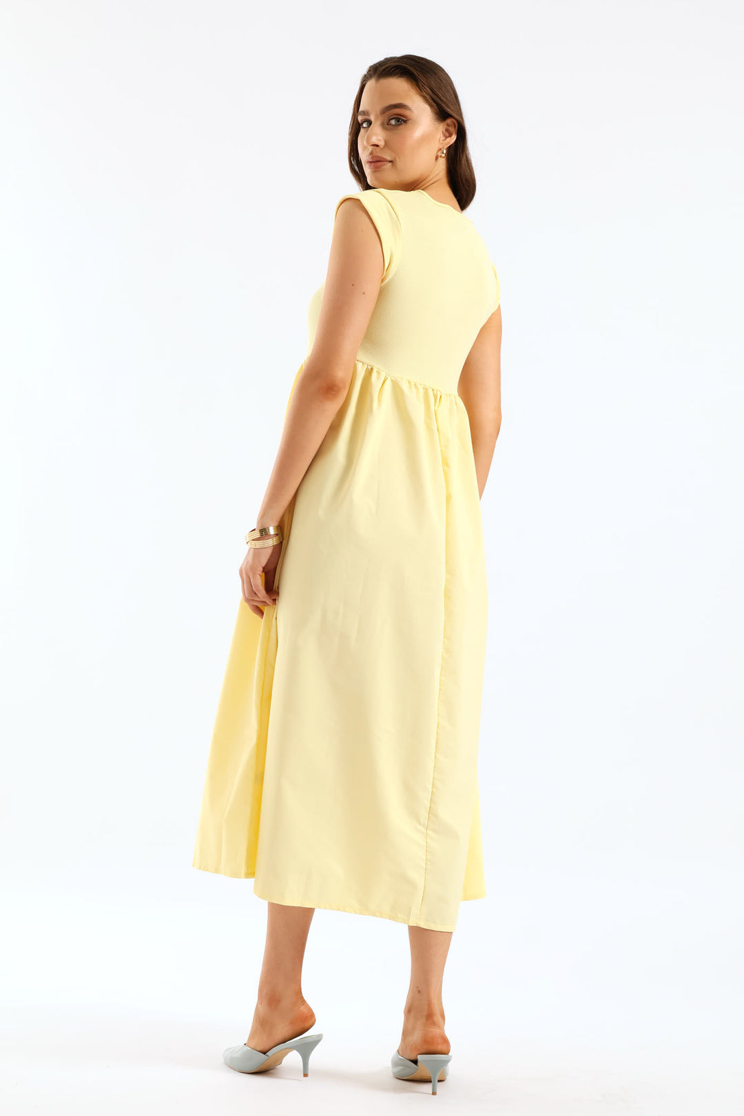 Cap Sleeve Rib Shaped Bodice Combo Midi Dress - Pastel Yellow