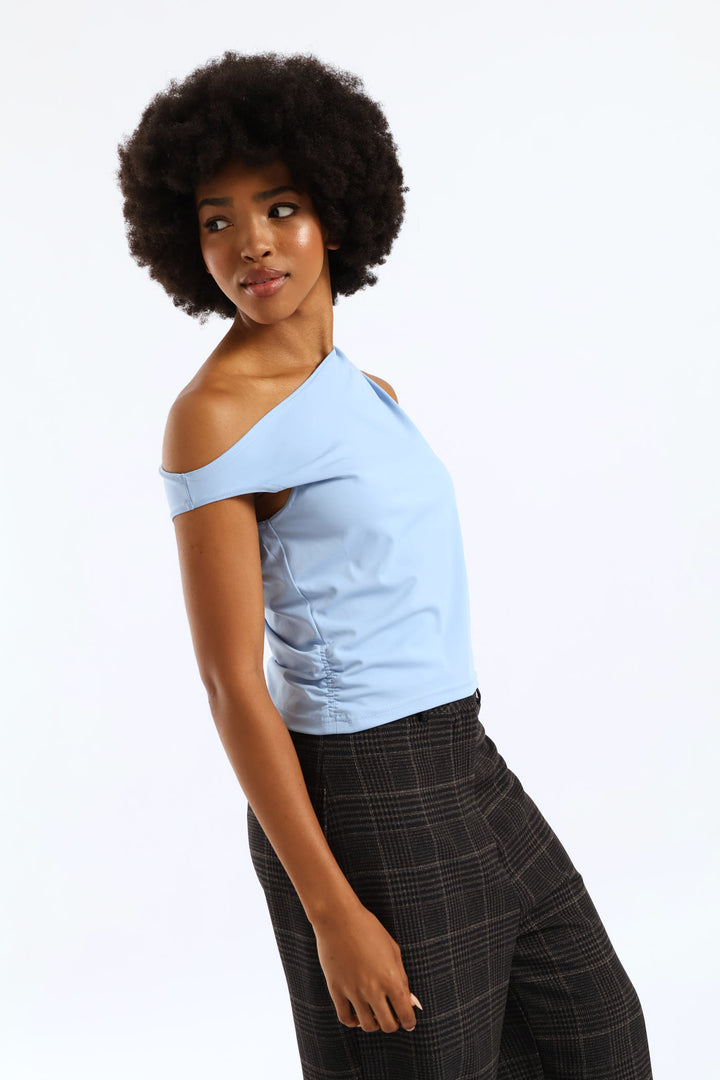 Asymmetrical Ruche Detail Top - Light Blue