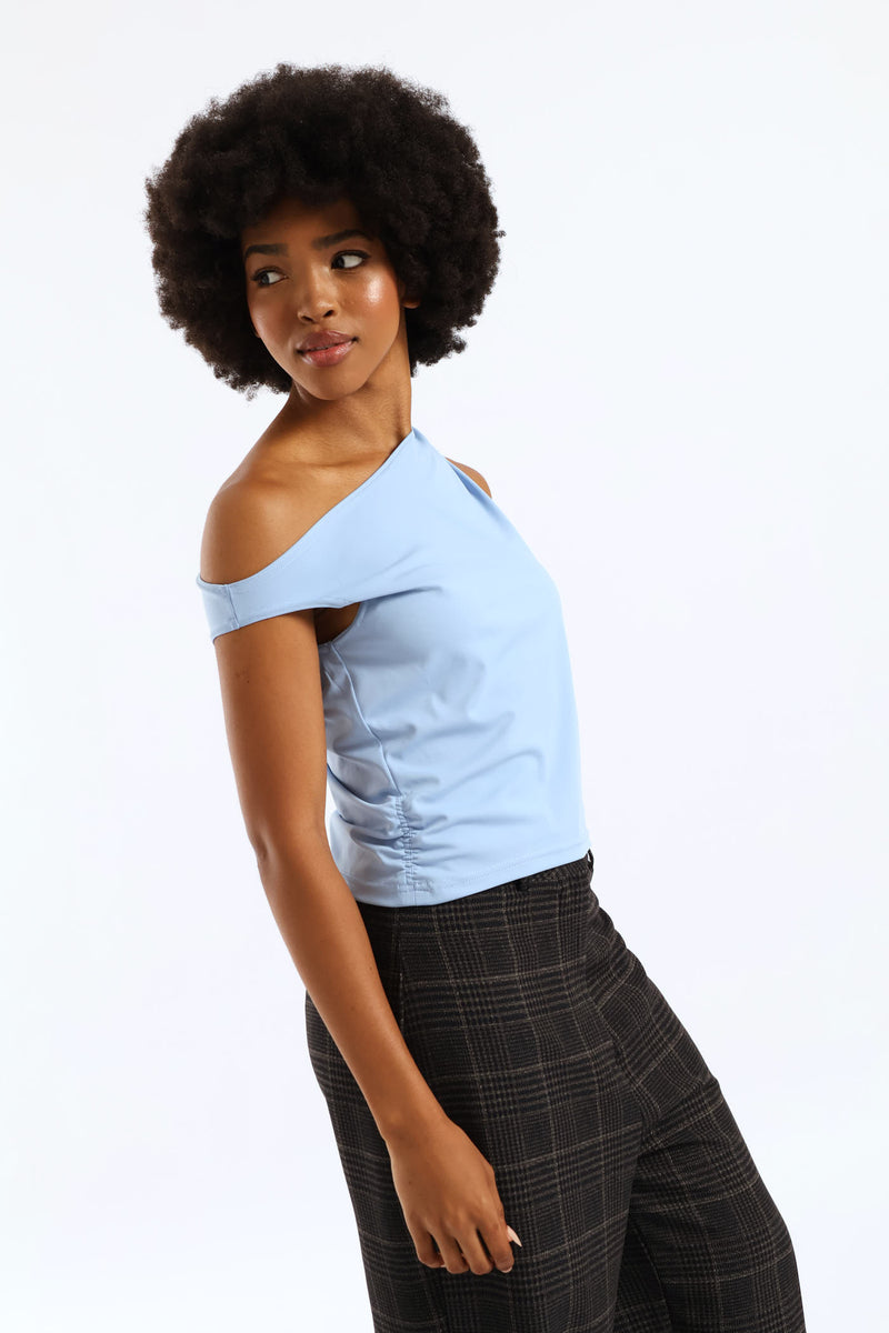 Asymmetrical Ruche Detail Top - Light Blue