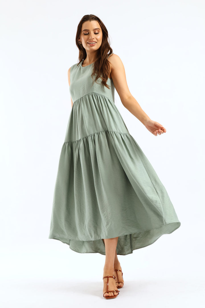 Curved Tiered Volume Midaxi Dress - Eucalyptus Green