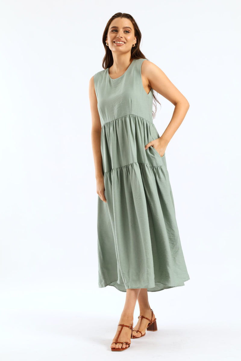 Curved Tiered Volume Midaxi Dress - Eucalyptus Green