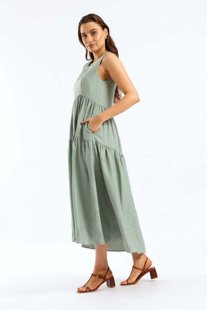 Curved Tiered Volume Midaxi Dress - Eucalyptus Green