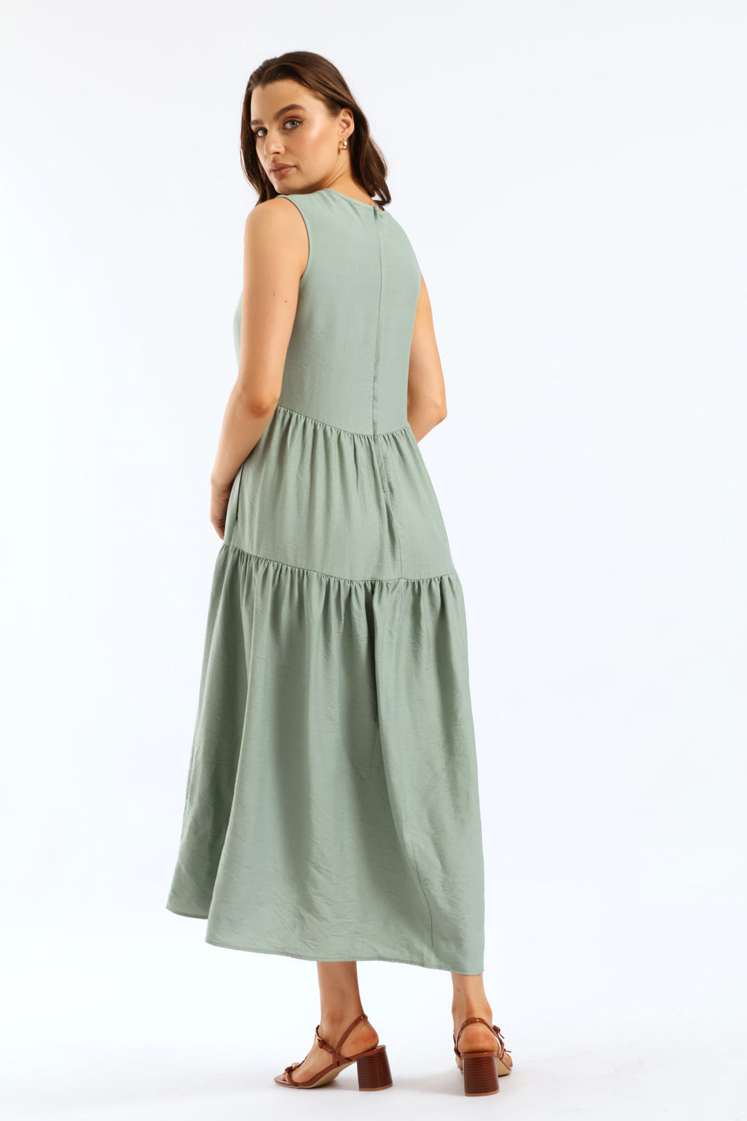 Curved Tiered Volume Midaxi Dress - Eucalyptus Green