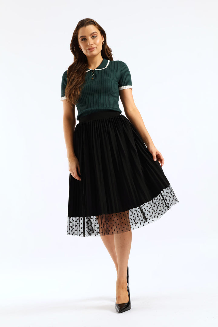 Pleated Combo Midi Skirt - Black