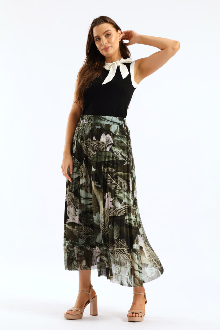 Tie Dye Pleated Mesh Midi Skirt - Dark Green