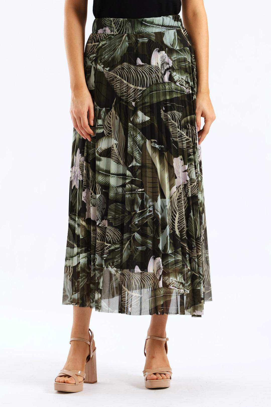 Tie Dye Pleated Mesh Midi Skirt - Dark Green