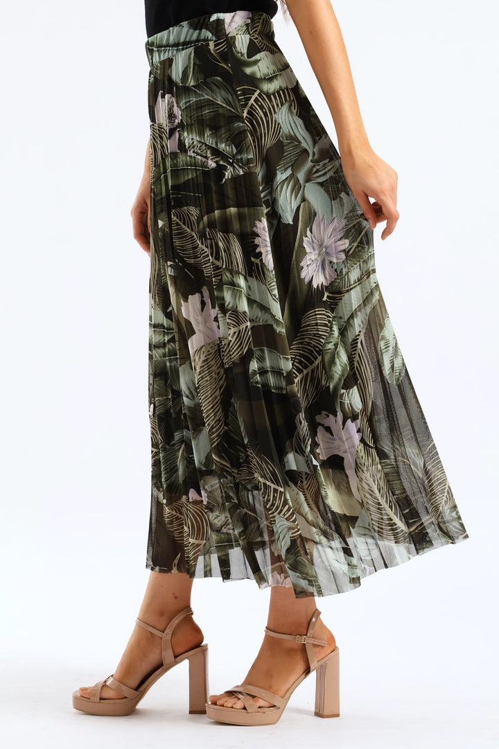 Tie Dye Pleated Mesh Midi Skirt - Dark Green