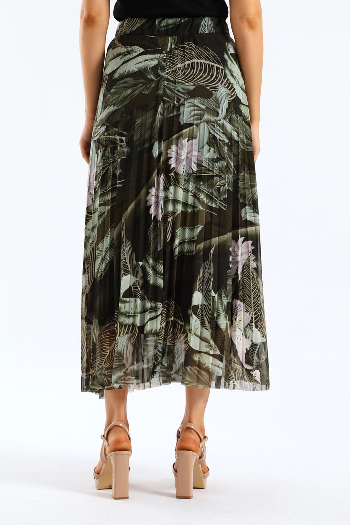 Tie Dye Pleated Mesh Midi Skirt - Dark Green