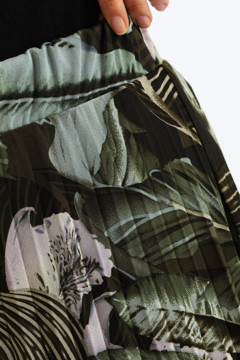 Tie Dye Pleated Mesh Midi Skirt - Dark Green