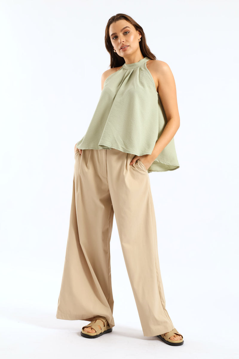 Pleat Detail Chino Palazzo Trouser - Light Stone