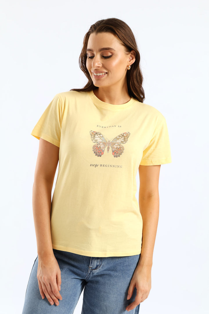 Butterfly Foil Regular Tee - Light Yellow